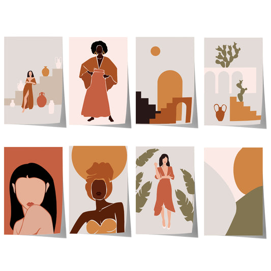 Abstrakte Illustrationen von Frauen, Figuren und organischen Formen in warmen Terrakotta-, Orange-, Beige- und Olivtönen.