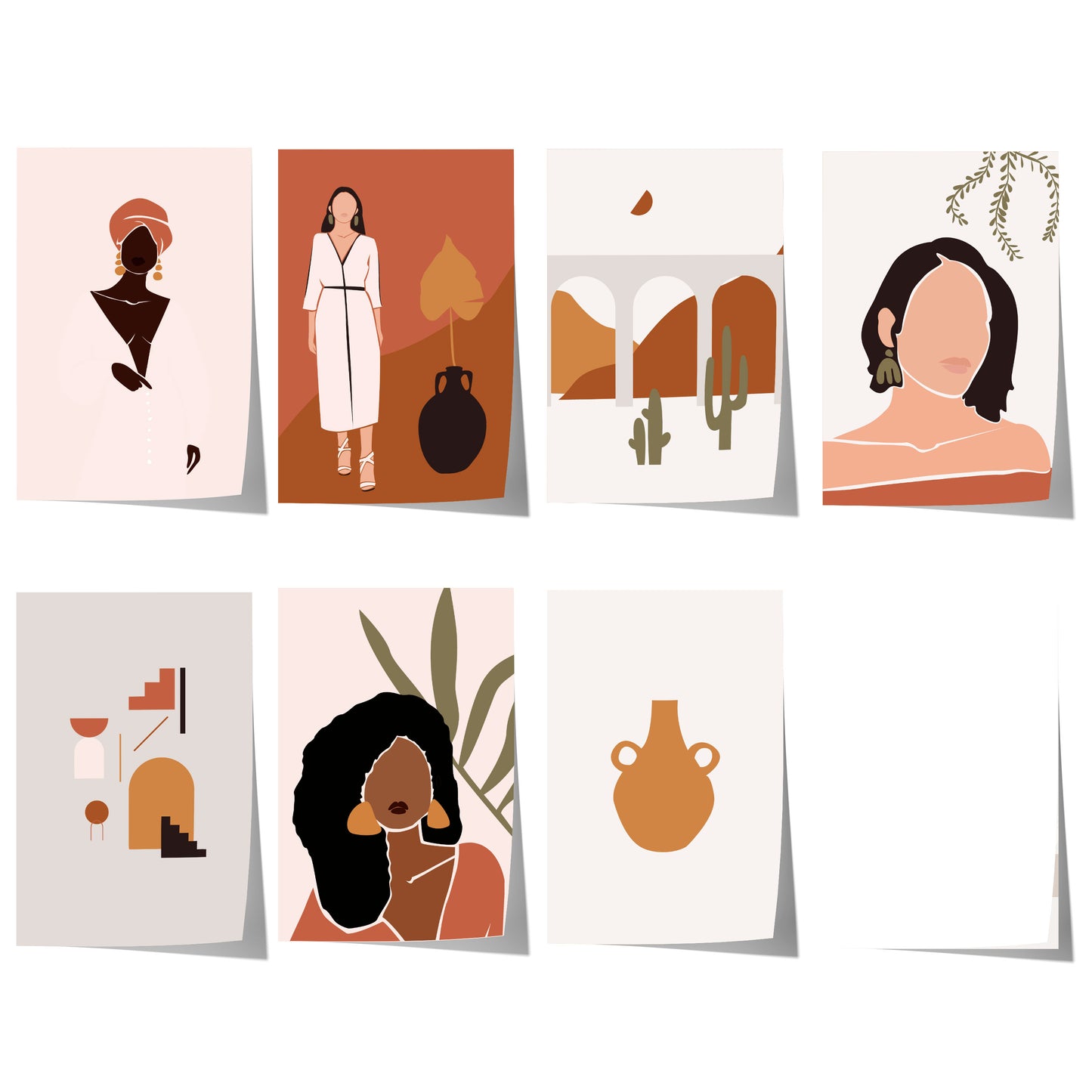 Abstrakte Frauenfiguren, Wüstenlandschaften, Vasen und botanische Motive in warmen Terrakotta-, Beige-, Braun- und Olivtönen.