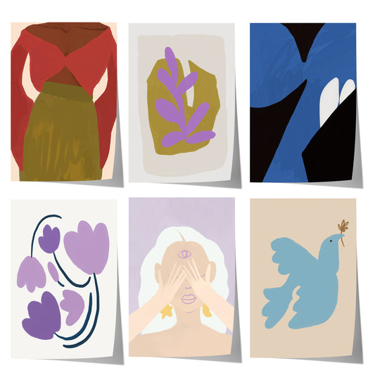 Abstrakte feminine Kunst mit stilisierten Frauenfiguren, lila Blumen, organischen Formen und einer blauen Taube.