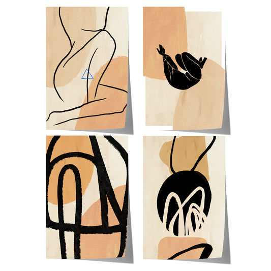 Abstrakte Körperkunst mit schwarzen Line-Art-Silhouetten, organischen Formen und warmen Beige-, Creme- und Terrakotta-Tönen.