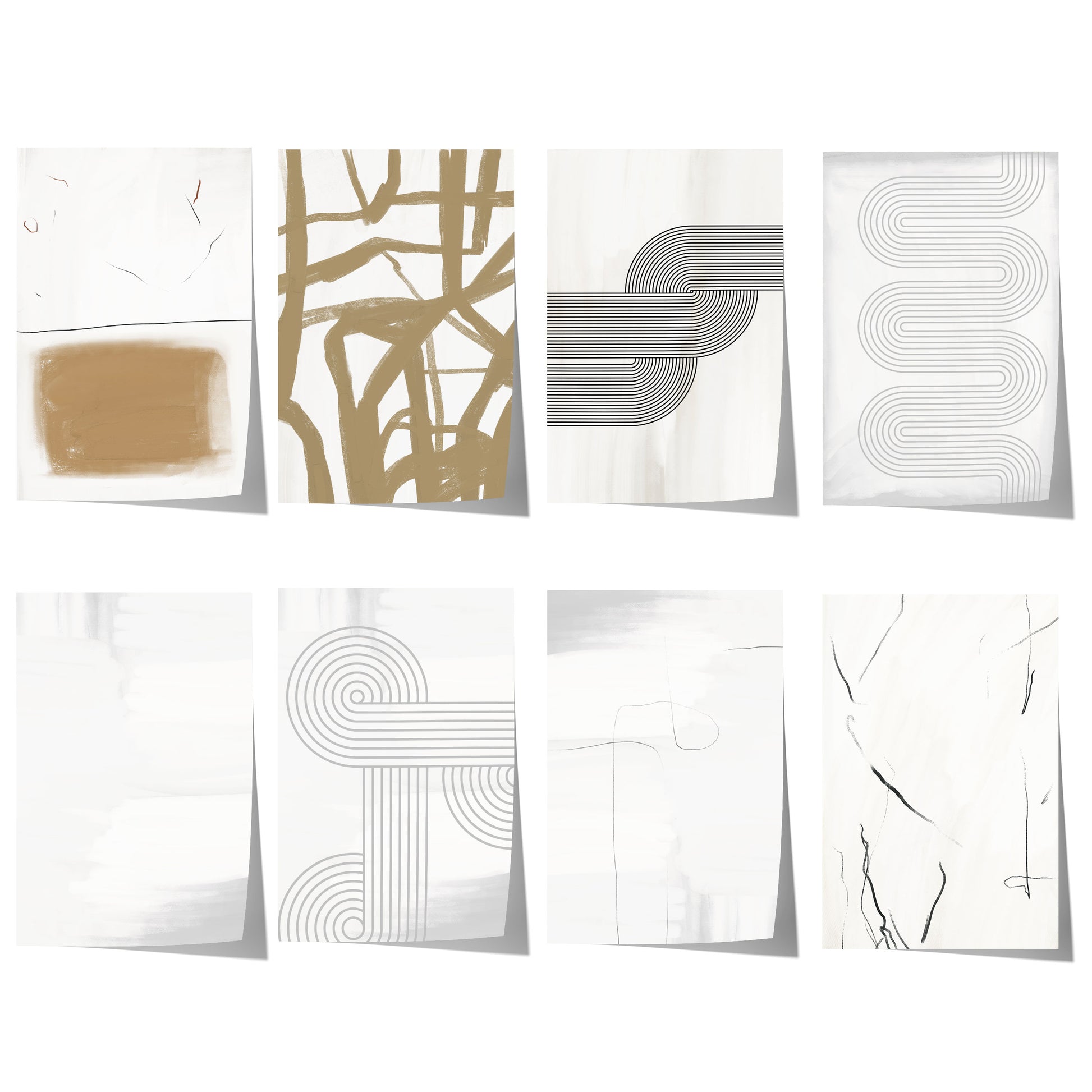 Abstrakte minimalistische Linienkunst mit geometrischen Bögen, feinen Linien und neutralen Beige-, Schwarz- und Grautönen.