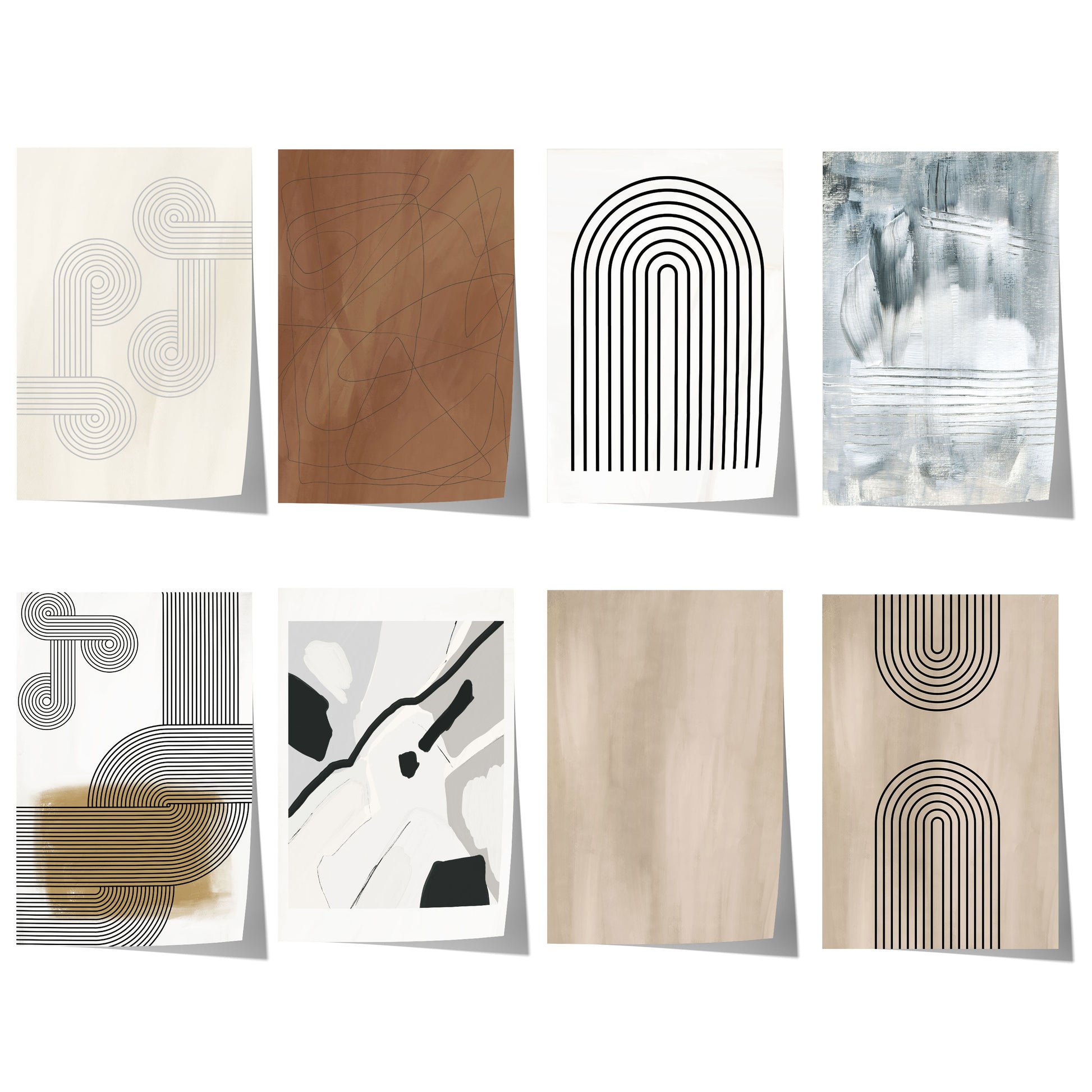 Minimalistische abstrakte Linienkunst mit geometrischen Bögen und feinen schwarzen Linien in Beige, Weiß, Braun und neutralen Farbtönen.
