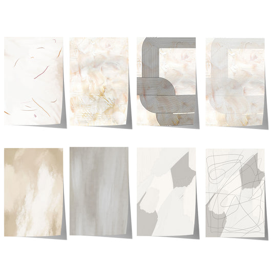 Minimalistische abstrakte Poster mit feinen Linien, organischen Formen, neutralen Beige- und Grautönen sowie dezenter moderner Textur.