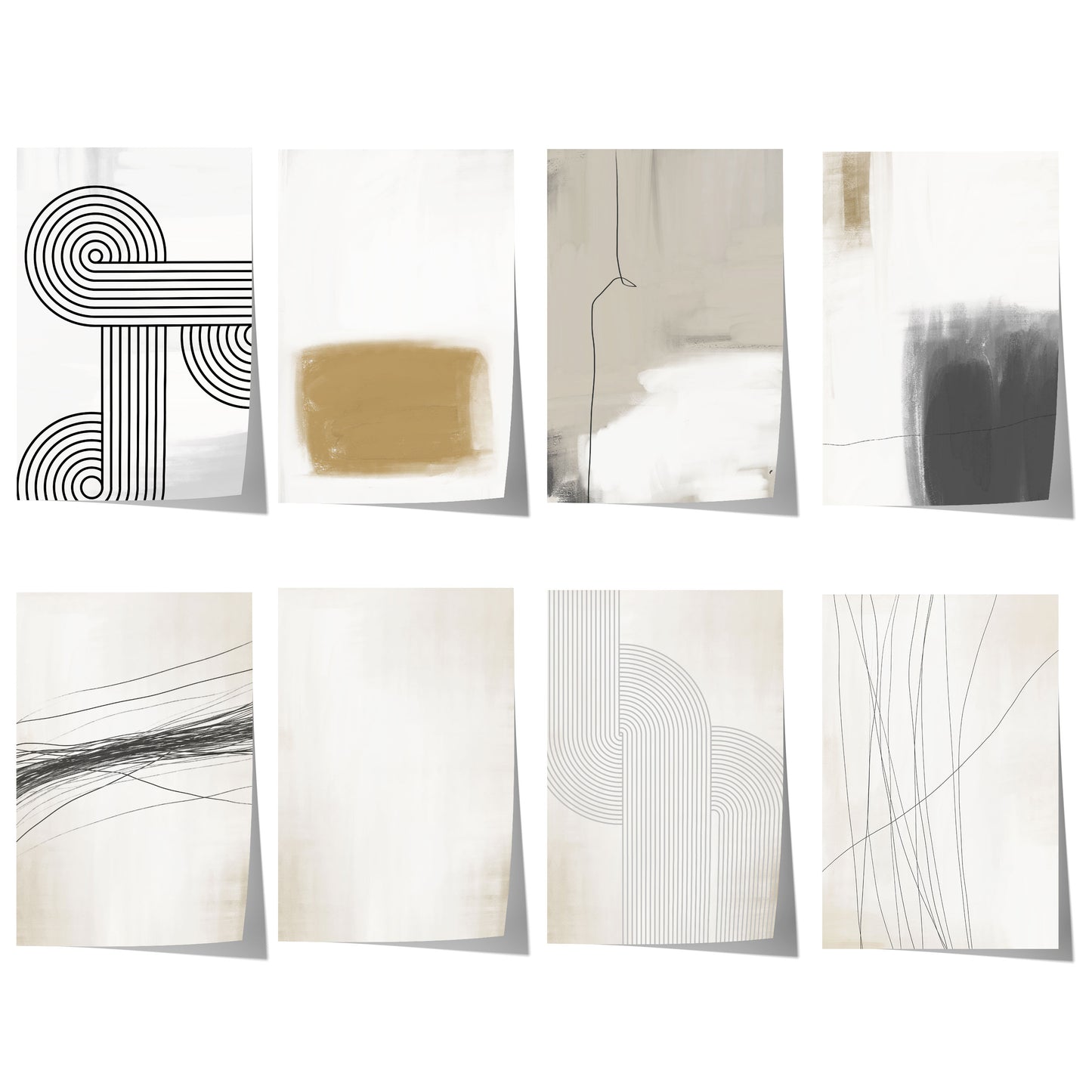 Abstrakte minimalistische Linienkunst mit feinen schwarzen Linien, geometrischen Bögen und neutralen Beige-, Grau- und Brauntönen.