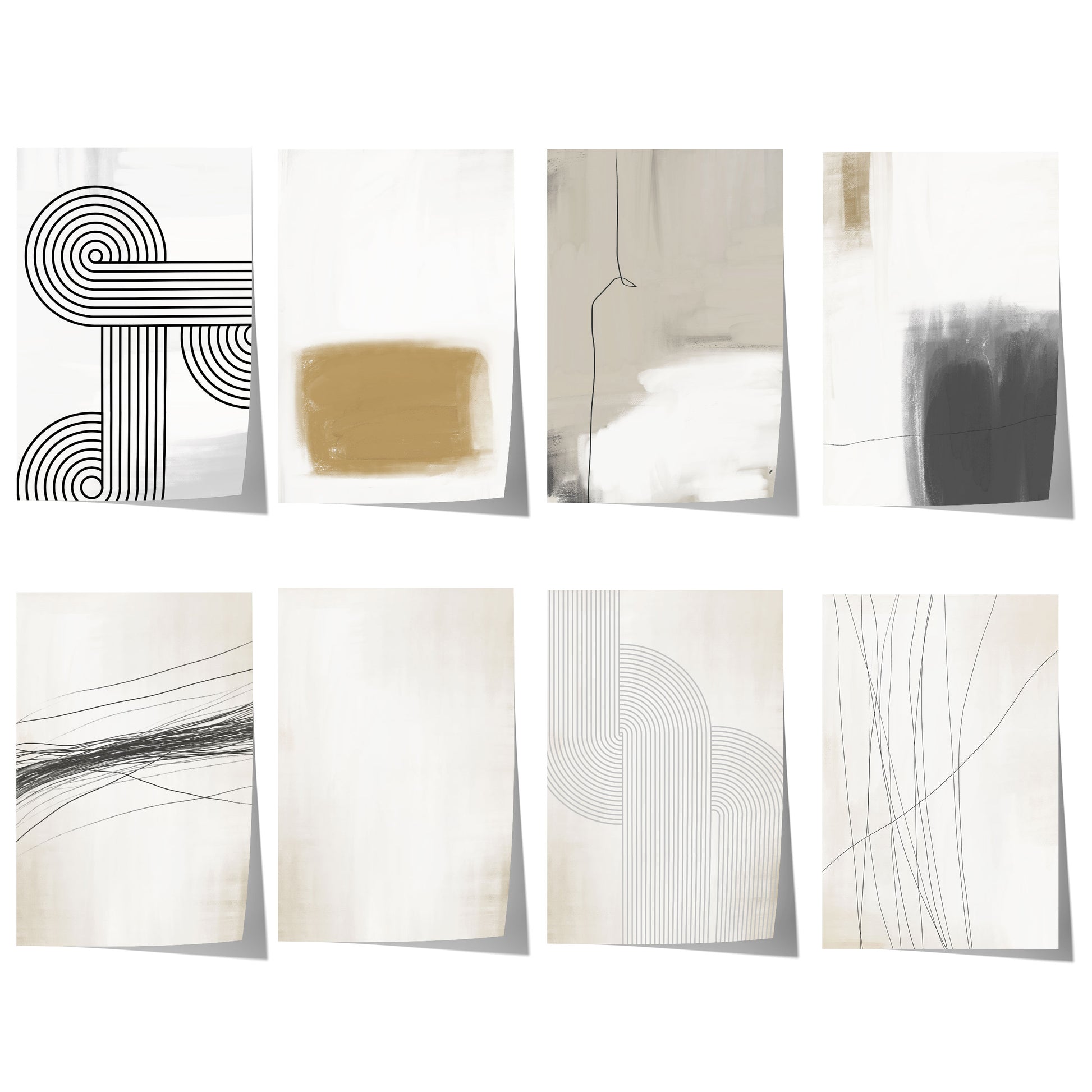Abstrakte minimalistische Linienkunst mit feinen schwarzen Linien, geometrischen Bögen und neutralen Beige-, Grau- und Brauntönen.