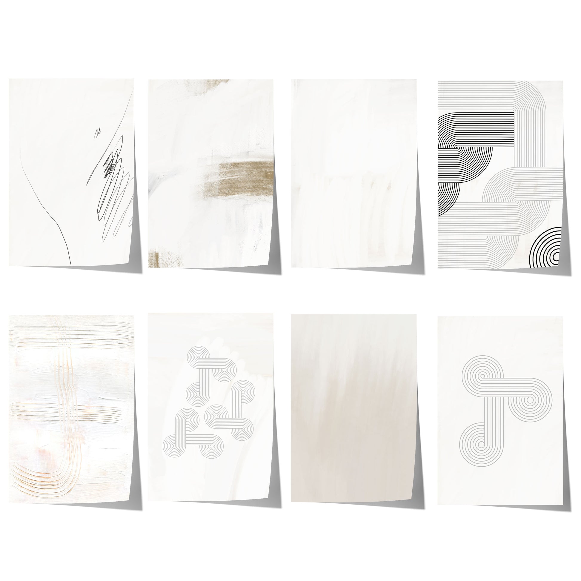 Abstrakte minimalistische Linienkunst mit schwarzen und grauen geometrischen Formen auf hellem Beige- und Cremehintergrund.