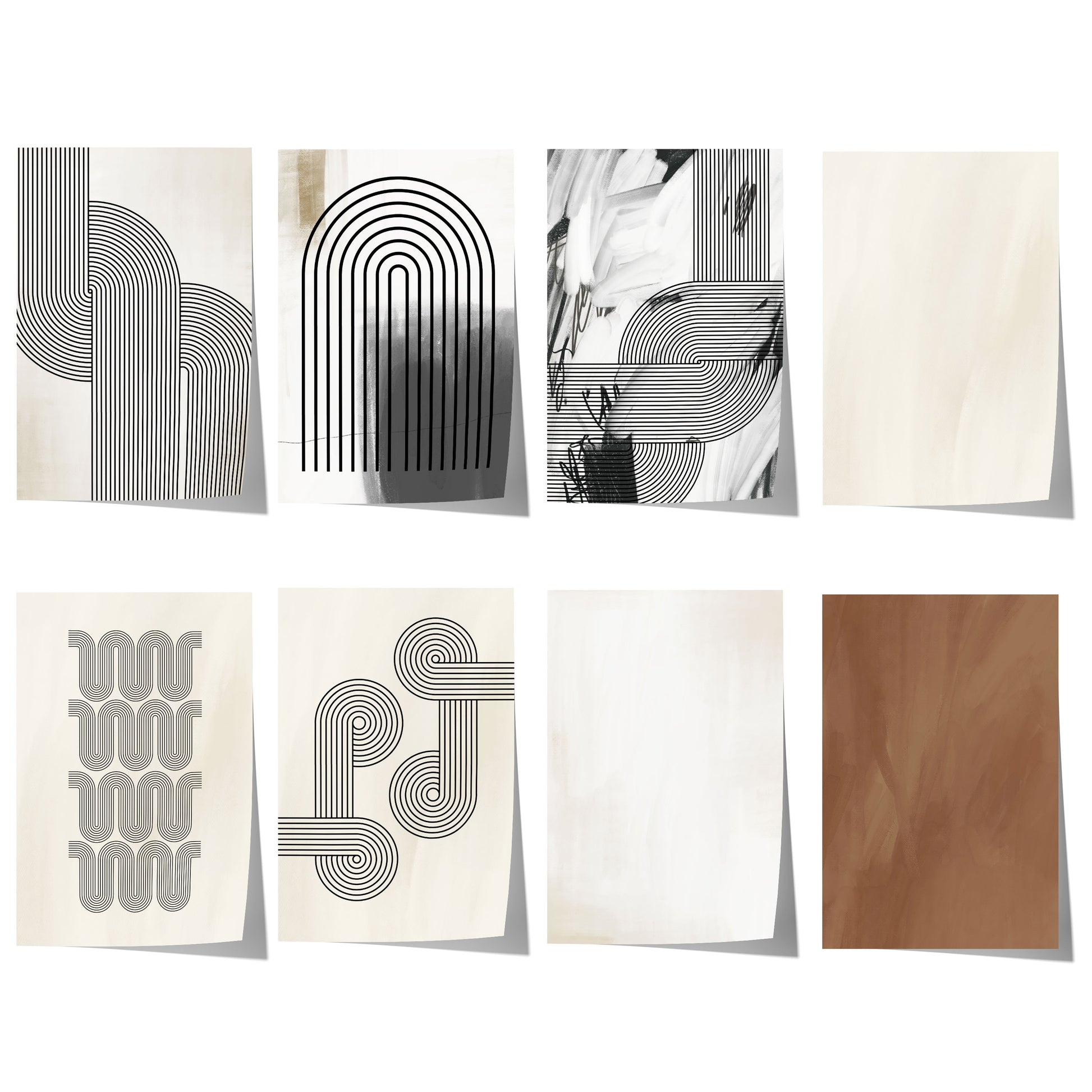 Minimalistische abstrakte Linienkunst mit schwarzen geometrischen Bögen und geschwungenen Linien auf neutralen beige-weißen Hintergründen.