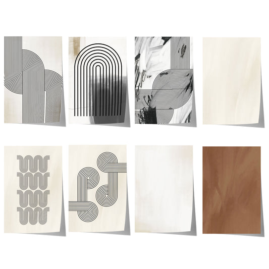 Minimalistische abstrakte Linienkunst mit schwarzen geometrischen Bögen und geschwungenen Linien auf neutralen beige-weißen Hintergründen.