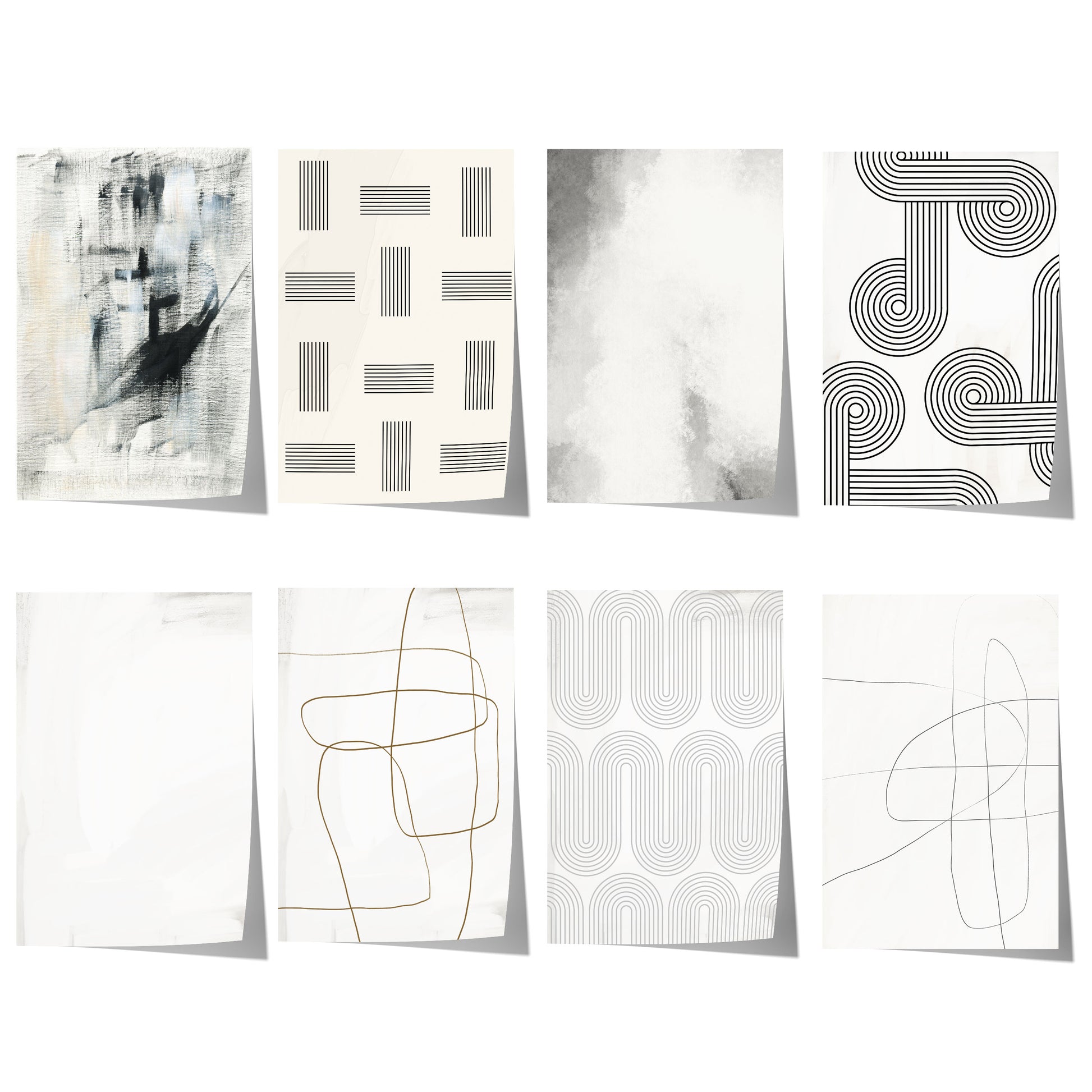 Abstrakte Linienkunst mit geometrischen Mustern, organischen Konturen und dezenten Schwarz-, Grau- und Beigetönen auf hellem Hintergrund.