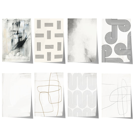 Abstrakte Linienkunst mit geometrischen Mustern, organischen Konturen und dezenten Schwarz-, Grau- und Beigetönen auf hellem Hintergrund.