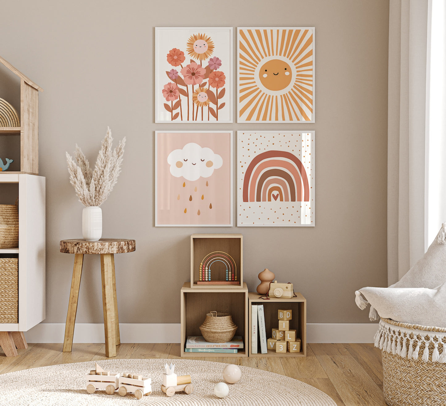 Poster Kinderzimmer Bilder Sonnenstrahlen Blumen Regenbogen und Regen Wolk als Deko Print ohne Rahmen