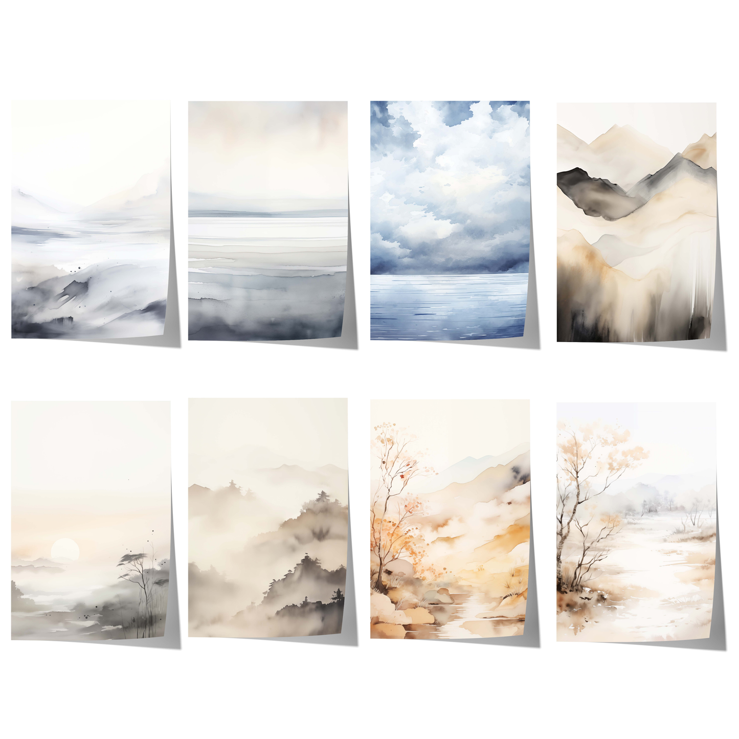 Sanfte Aquarell Landschaften mit nebligen Bergen, ruhigen Seen und natürlichen Beigetönen als elegante Wandkunst.