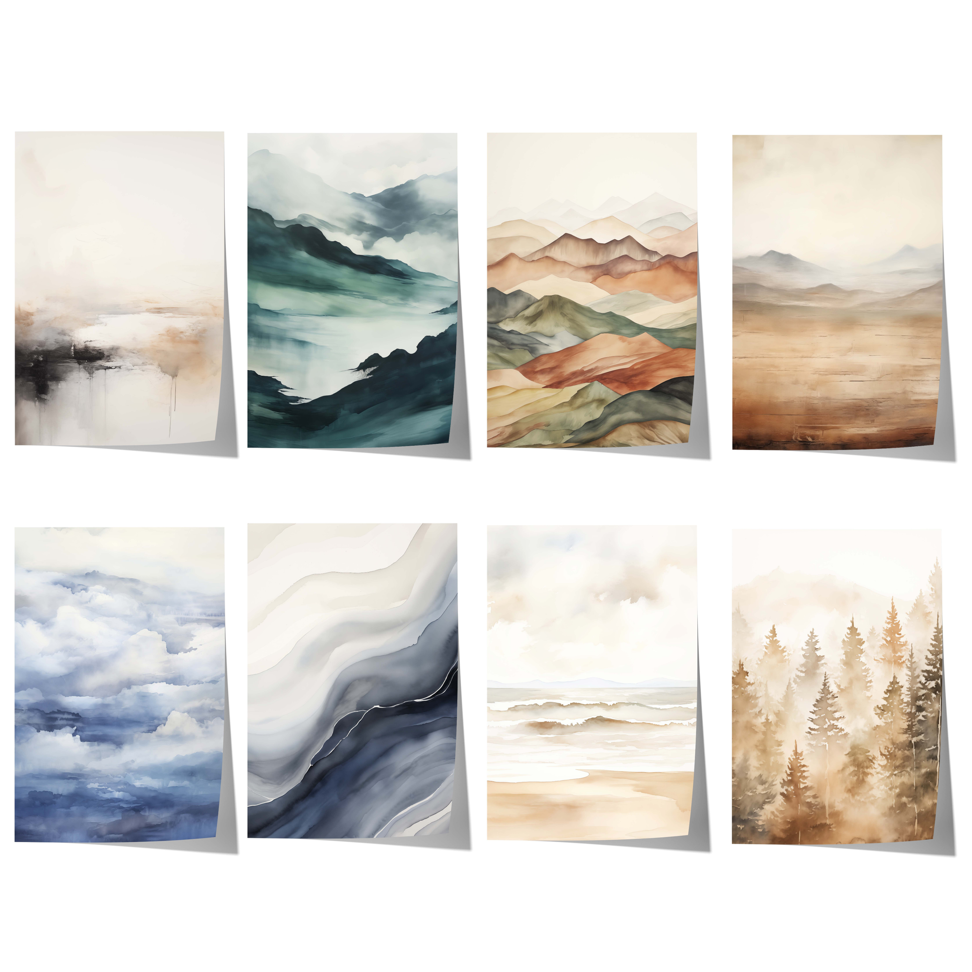 Aquarell Naturposter Set mit Nebelbergen, Wolkenmeer, Küstenlandschaften, Waldmotiven und sanften Erdtönen für moderne Wohnräume.