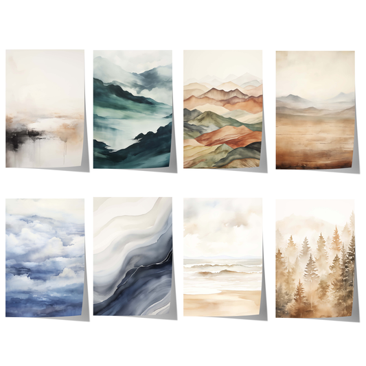 Aquarell Naturposter Set mit Nebelbergen, Wolkenmeer, Küstenlandschaften, Waldmotiven und sanften Erdtönen für moderne Wohnräume.