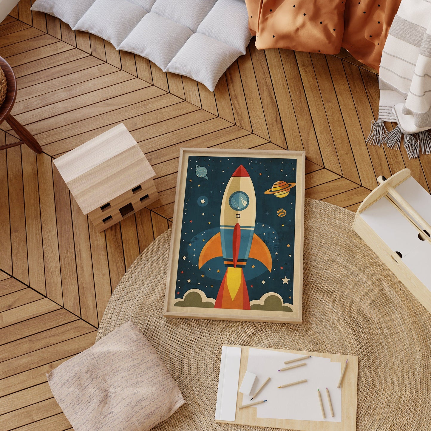 Astronaut Poster Kinderzimmer · Geschenkidee für Kinder · Kinderzimmer Deko · Weltraum Rakete & Planeten · Deko Print ohne Rahmen - justgoodmood