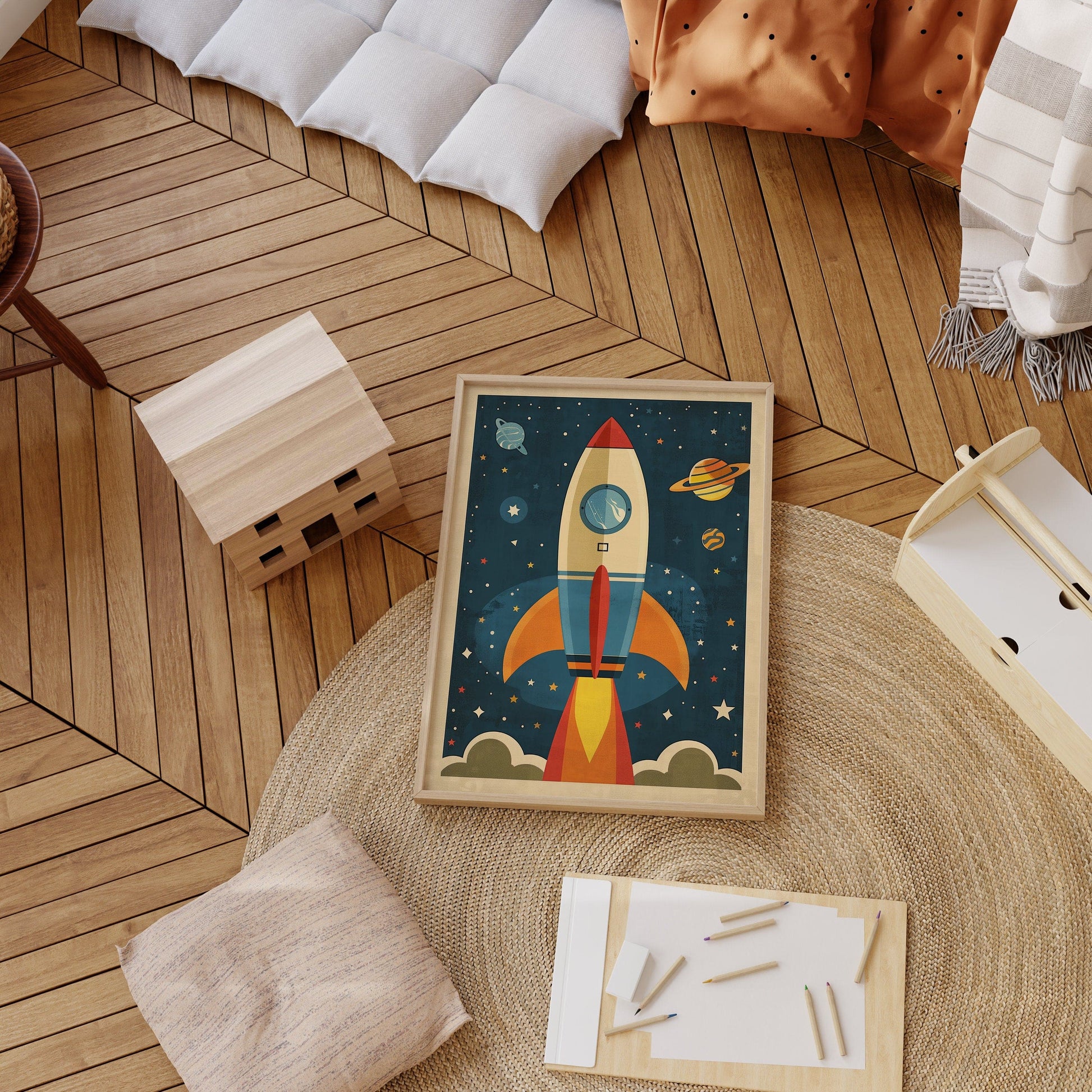 Astronaut Poster Kinderzimmer · Geschenkidee für Kinder · Kinderzimmer Deko · Weltraum Rakete & Planeten · Deko Print ohne Rahmen - justgoodmood