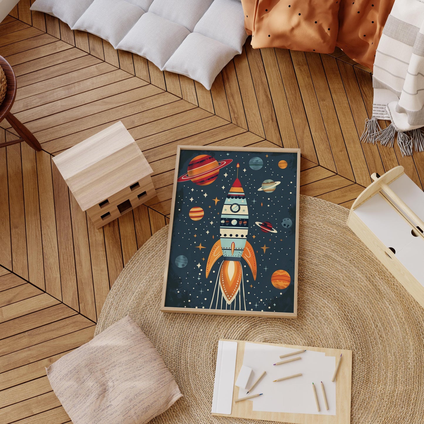 Astronaut Poster Kinderzimmer · Geschenkidee für Kinder · Kinderzimmer Deko · Weltraum Rakete & Planeten · Deko Print ohne Rahmen - justgoodmood