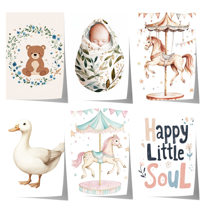 Babyzimmer Poster mit Karussellpferd und Teddybär