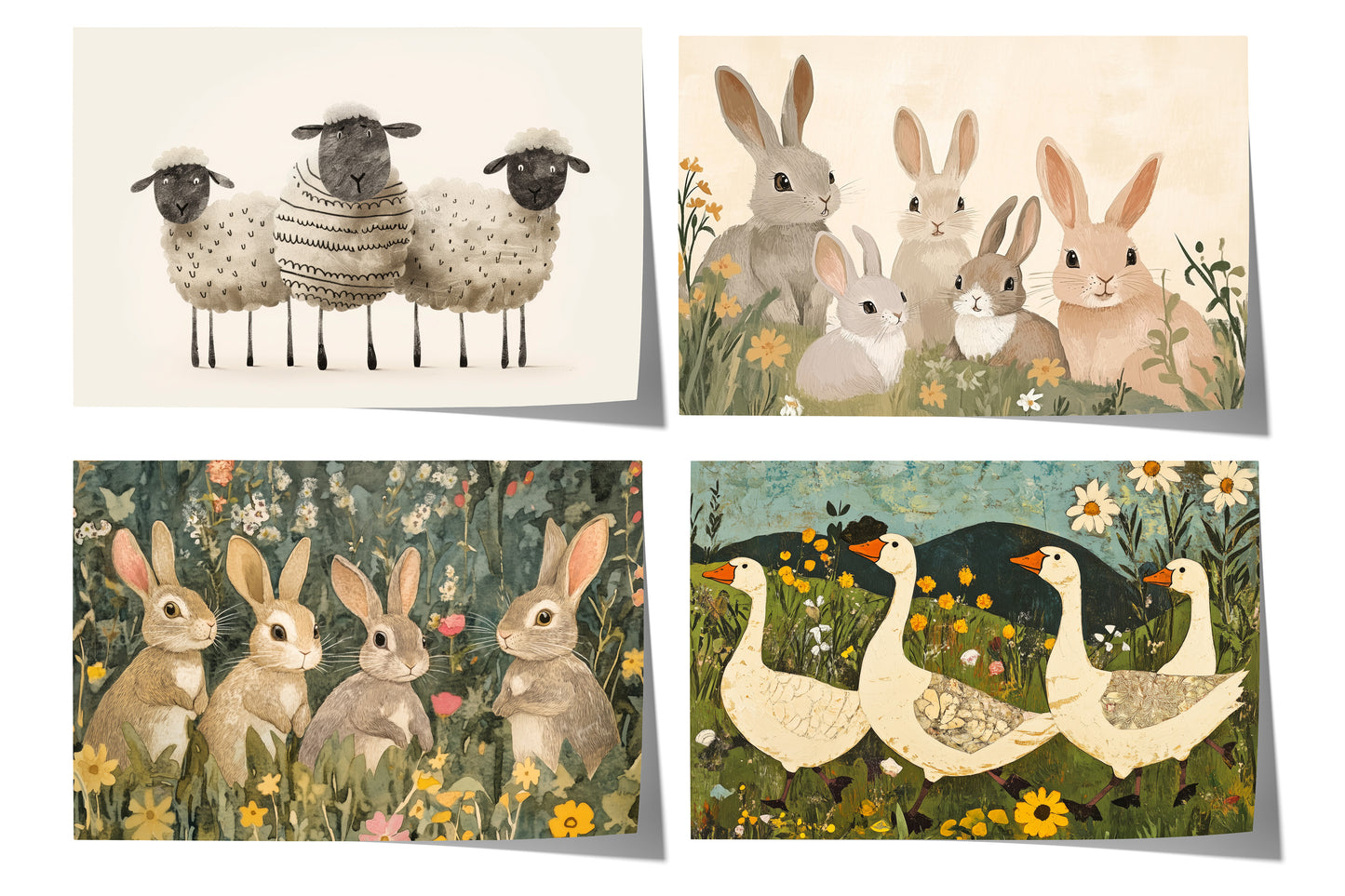 Vier nostalgische Tierposter mit Hasen, Schafen und Gänsen zwischen Wiesenblumen im handgemalten Landhausstil.