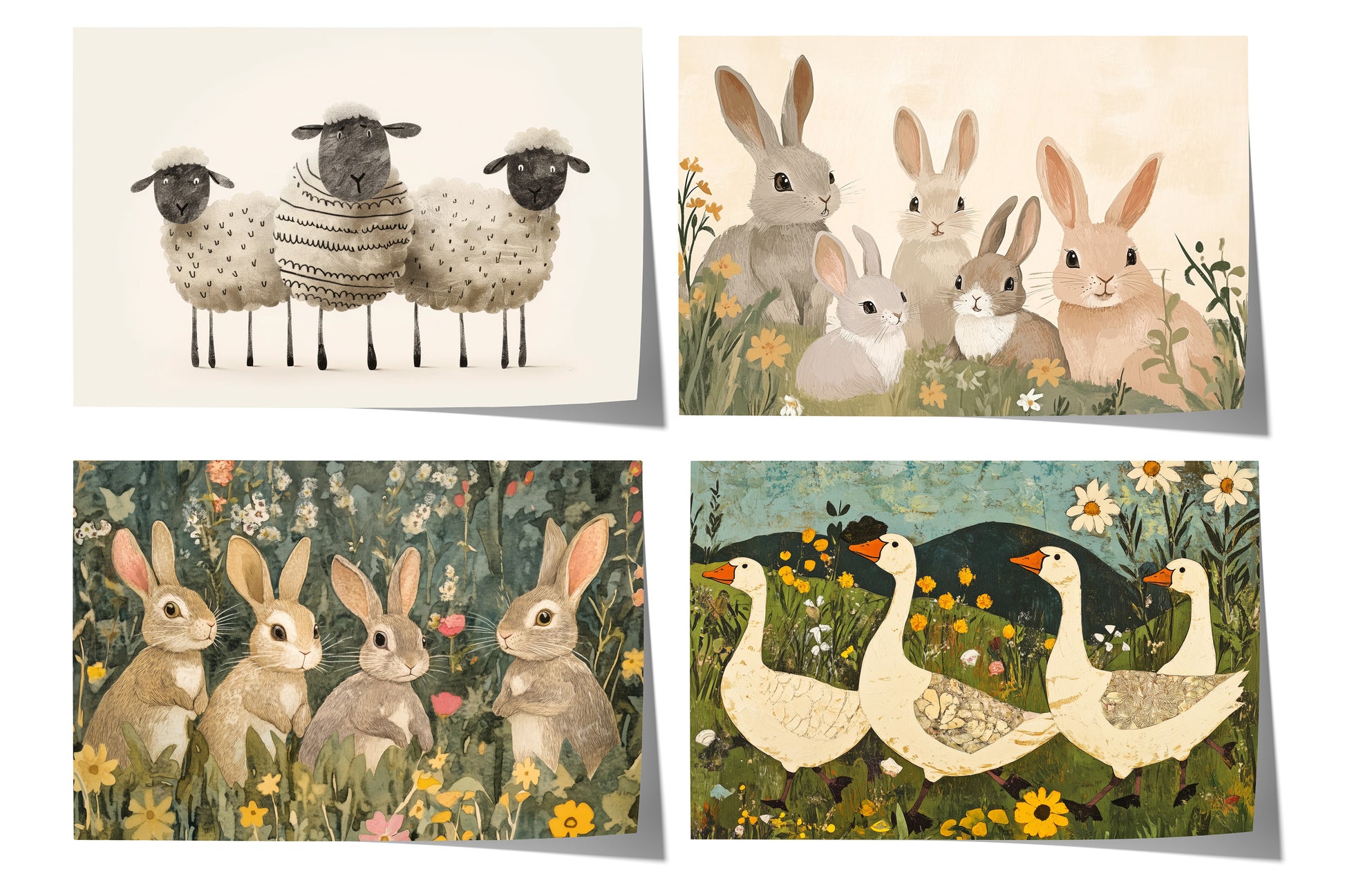 Vier nostalgische Tierposter mit Hasen, Schafen und Gänsen zwischen Wiesenblumen im handgemalten Landhausstil.