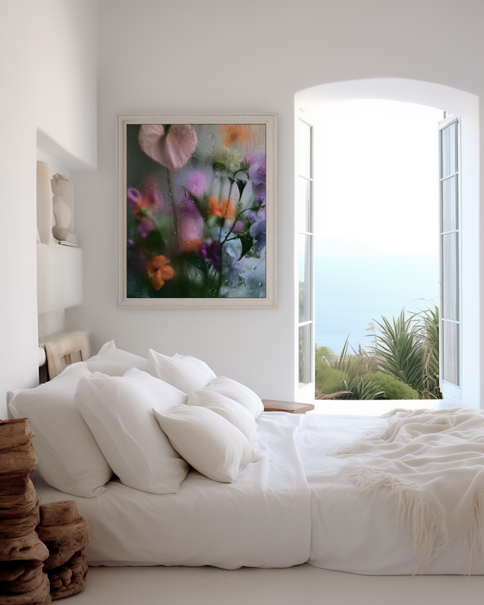 Geschenkidee · Blumen hinter Glas und Wassertropfen Poster Ästhetische Natur Fotografie · Dekoprint ohne Rahmen | JUSTGOODMOOD