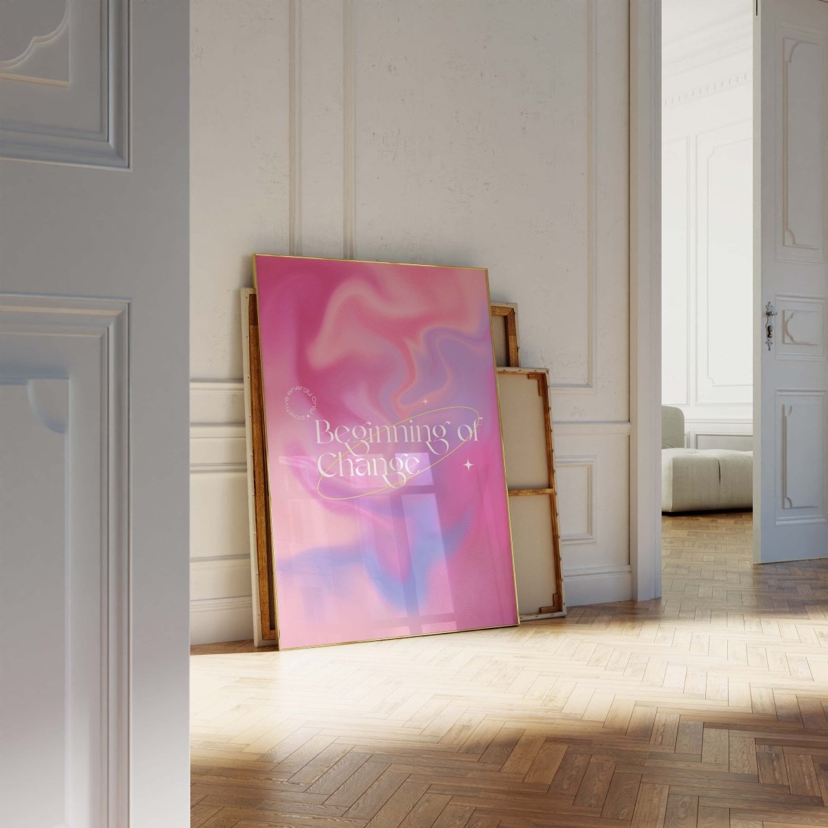 Beginning of Change Poster · Abstrakter Pink Lila Farbverlauf · Positive Energy Typografie Design · Print ohne Rahmen - justgoodmood