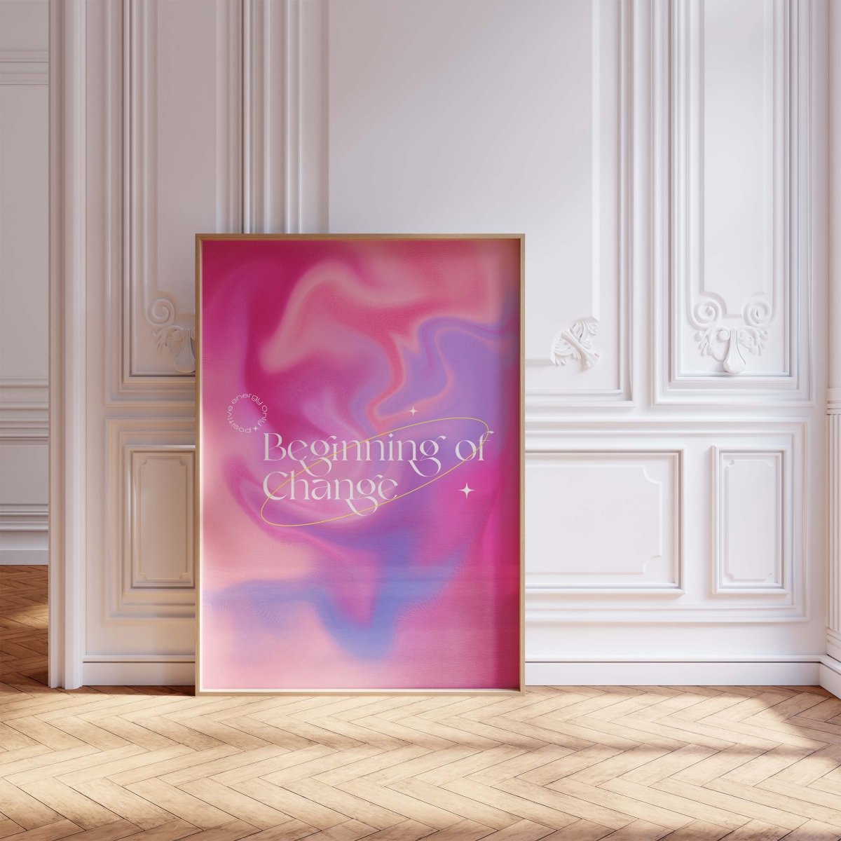 Beginning of Change Poster · Abstrakter Pink Lila Farbverlauf · Positive Energy Typografie Design · Print ohne Rahmen - justgoodmood