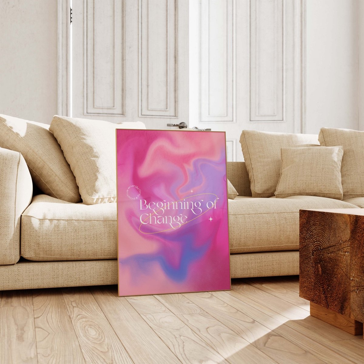 Beginning of Change Poster · Abstrakter Pink Lila Farbverlauf · Positive Energy Typografie Design · Print ohne Rahmen - justgoodmood