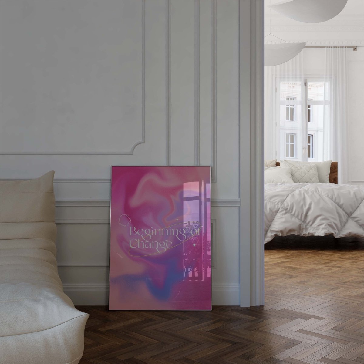 Beginning of Change Poster · Abstrakter Pink Lila Farbverlauf · Positive Energy Typografie Design · Print ohne Rahmen - justgoodmood