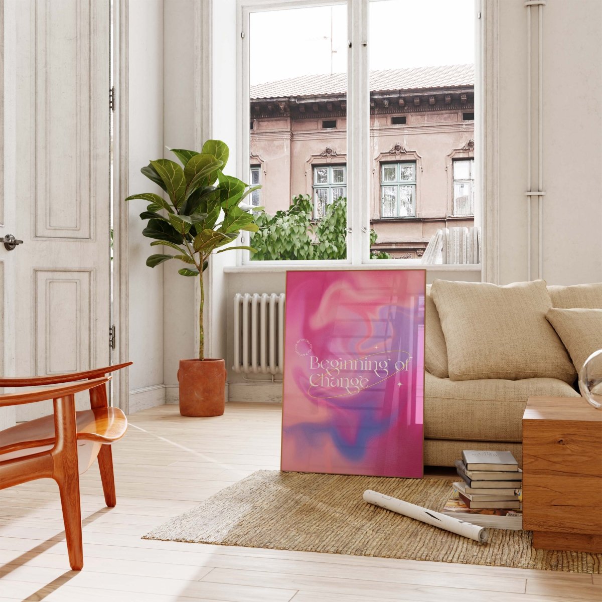 Beginning of Change Poster · Abstrakter Pink Lila Farbverlauf · Positive Energy Typografie Design · Print ohne Rahmen - justgoodmood