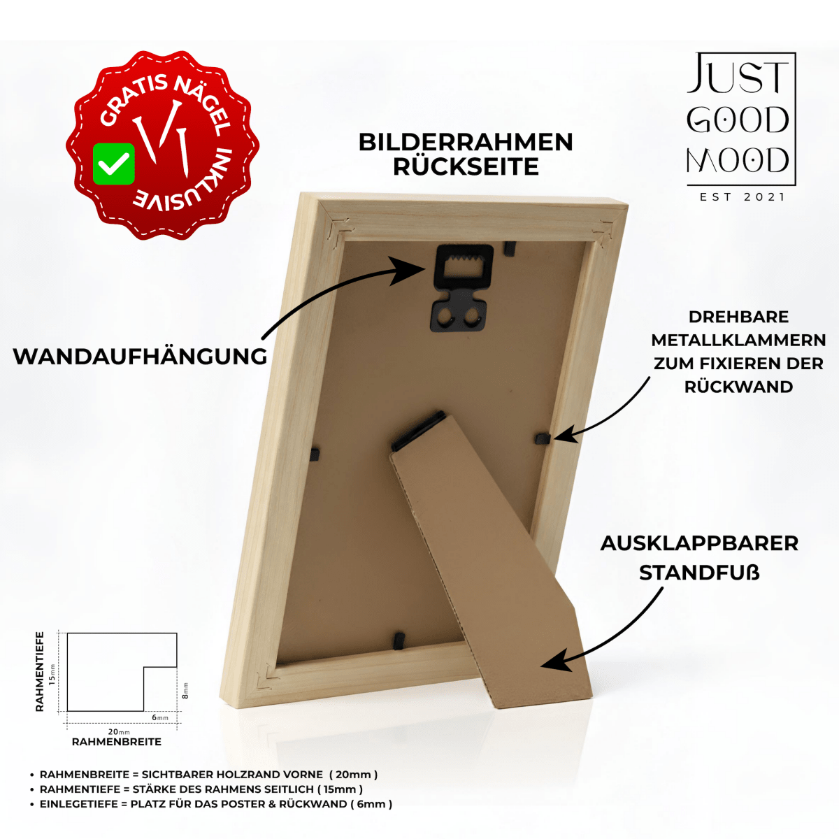 Bilderrahmen aus stabilem MDF - Holz mit Acrylglas – Weiß Schwarz Ahorn Eiche · mit gratis Nägeln - justgoodmood