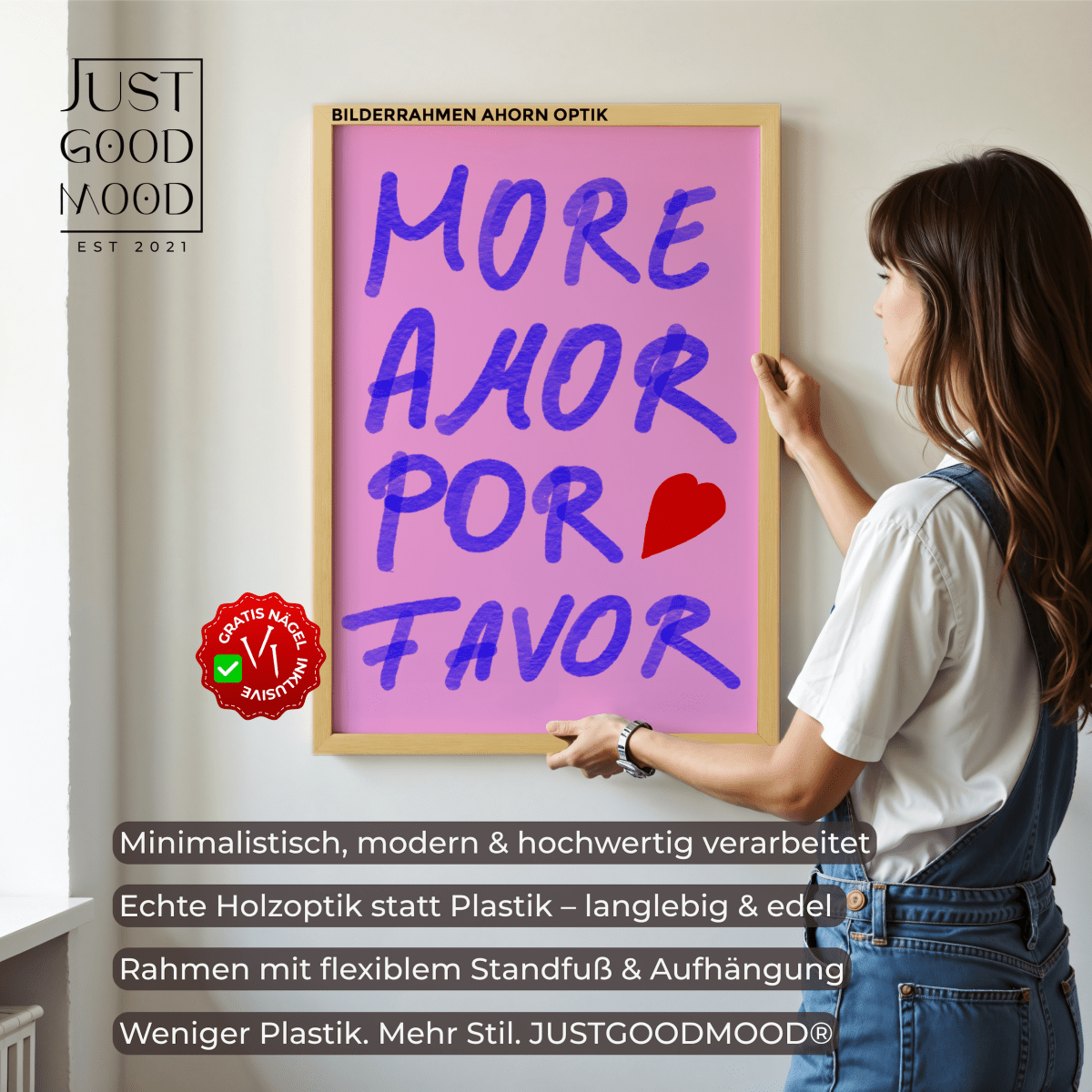 Bilderrahmen aus stabilem MDF - Holz mit Acrylglas – Weiß Schwarz Ahorn Eiche · mit gratis Nägeln - justgoodmood