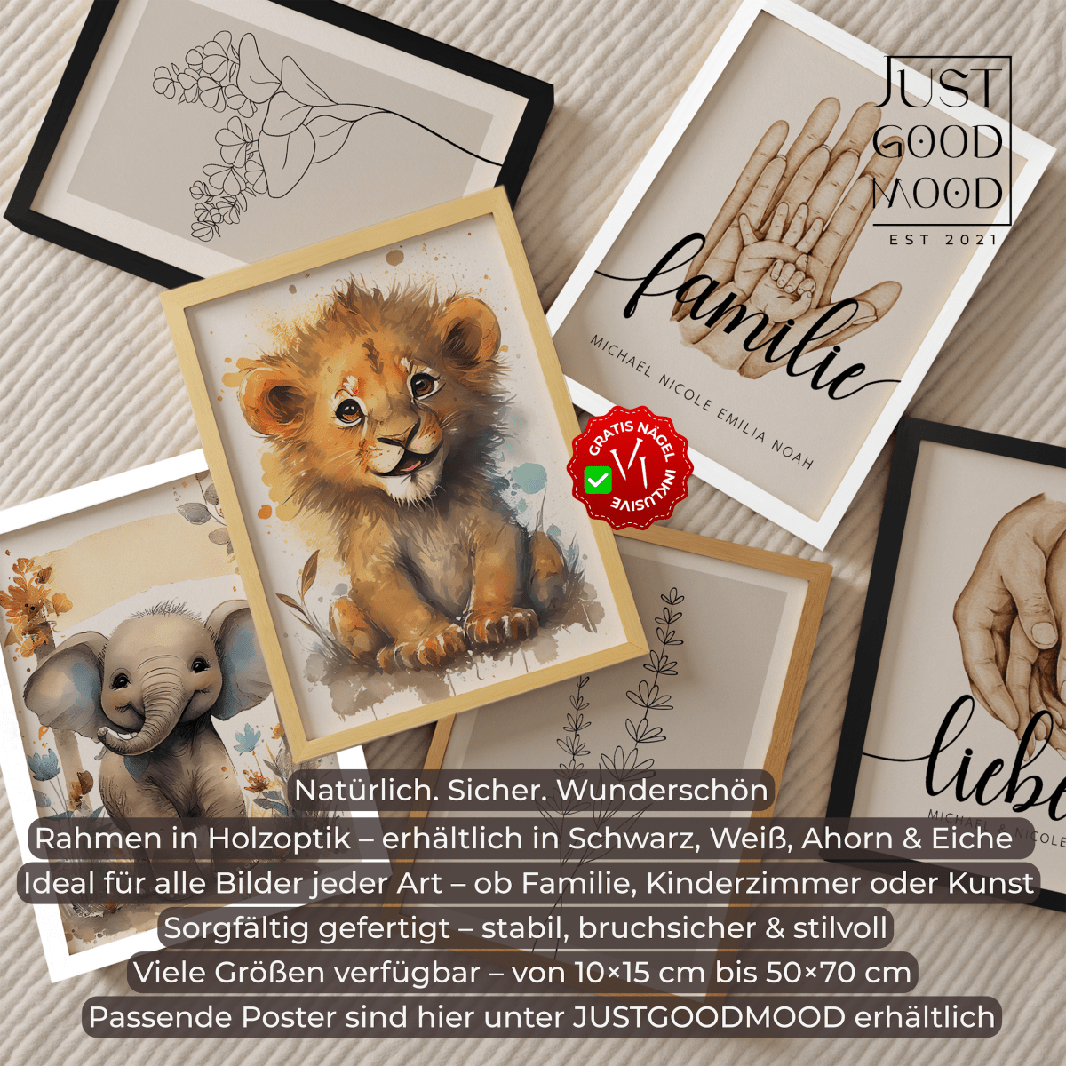 Bilderrahmen aus stabilem MDF - Holz mit Acrylglas – Weiß Schwarz Ahorn Eiche · mit gratis Nägeln - justgoodmood