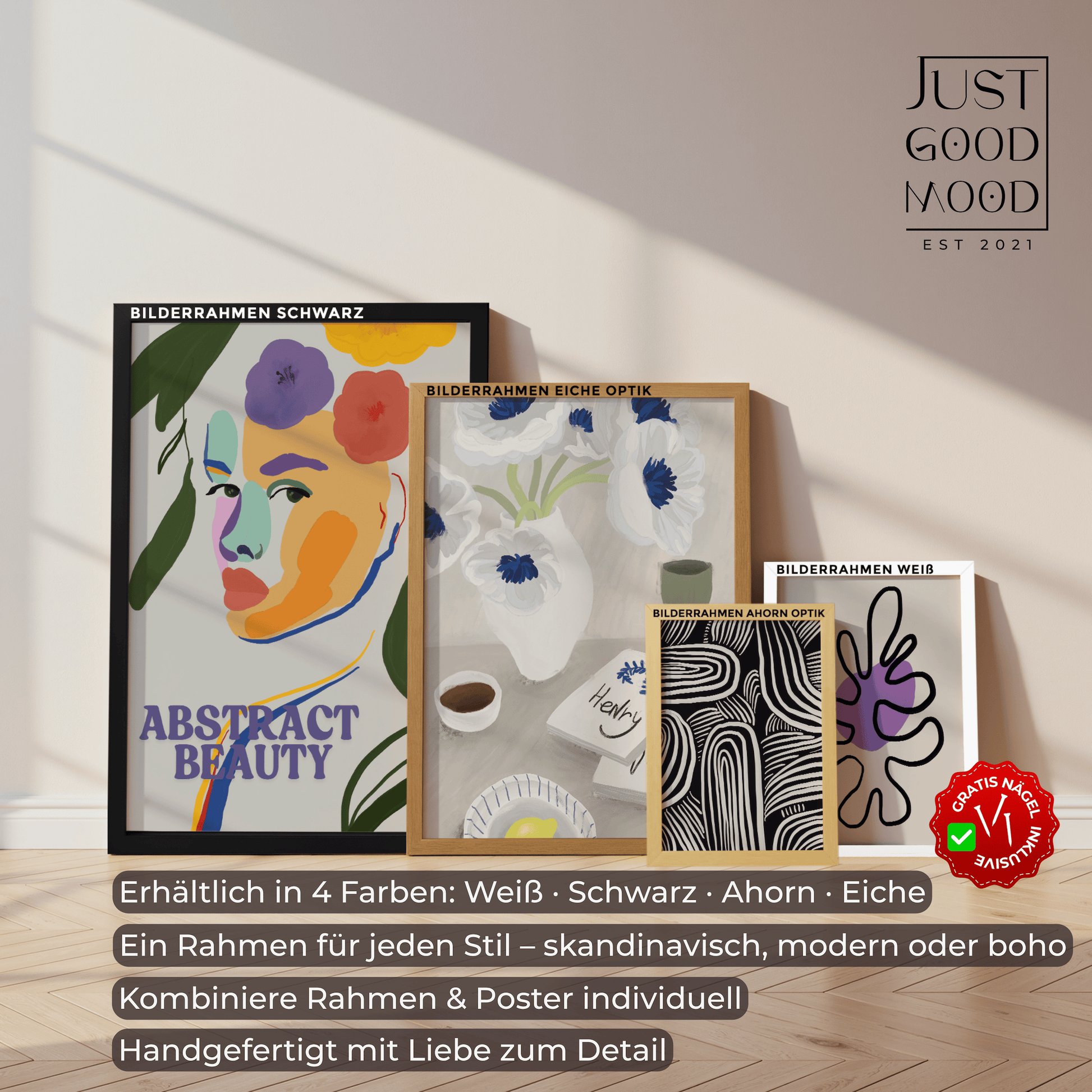 Bilderrahmen aus stabilem MDF - Holz mit Acrylglas – Weiß Schwarz Ahorn Eiche · mit gratis Nägeln - justgoodmood