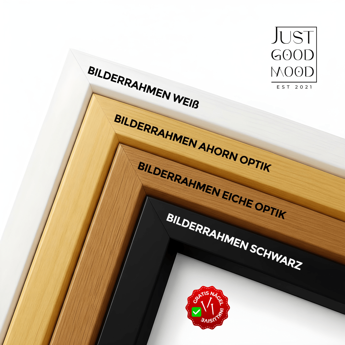 Bilderrahmen aus stabilem MDF - Holz mit Acrylglas – Weiß Schwarz Ahorn Eiche · mit gratis Nägeln - justgoodmood