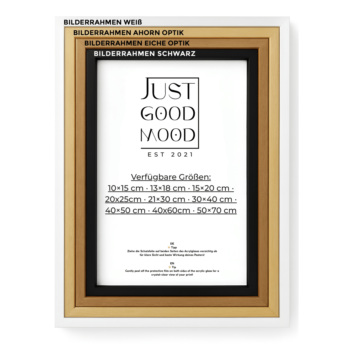 Bilderrahmen aus stabilem MDF - Holz mit Acrylglas – Weiß Schwarz Ahorn Eiche · mit gratis Nägeln - justgoodmood