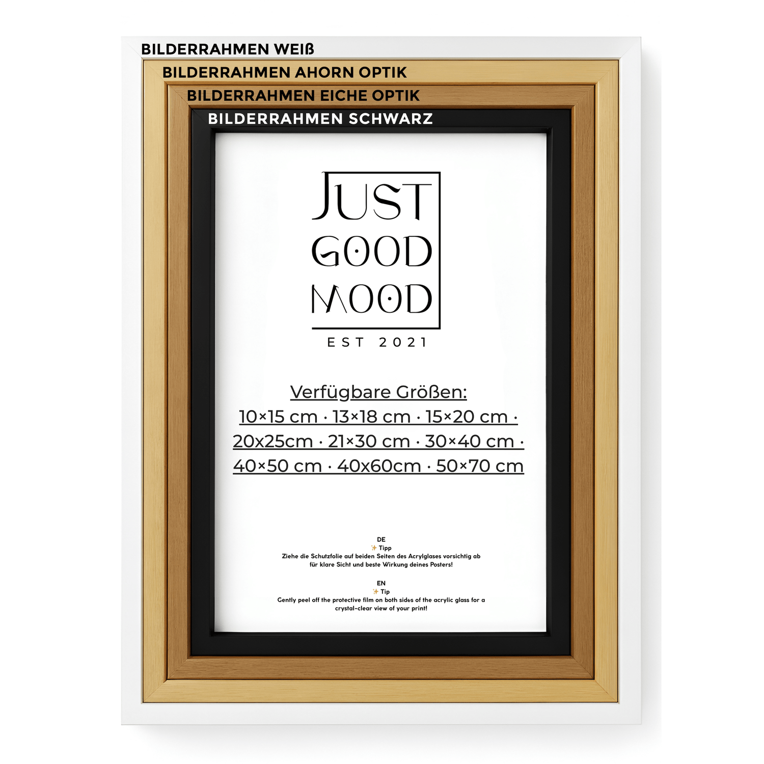 Bilderrahmen aus stabilem MDF - Holz mit Acrylglas – Weiß Schwarz Ahorn Eiche · mit gratis Nägeln - justgoodmood