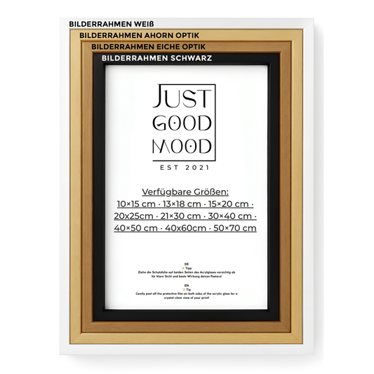 Bilderrahmen aus stabilem MDF - Holz mit Acrylglas – Weiß Schwarz Ahorn Eiche · mit gratis Nägeln - justgoodmood