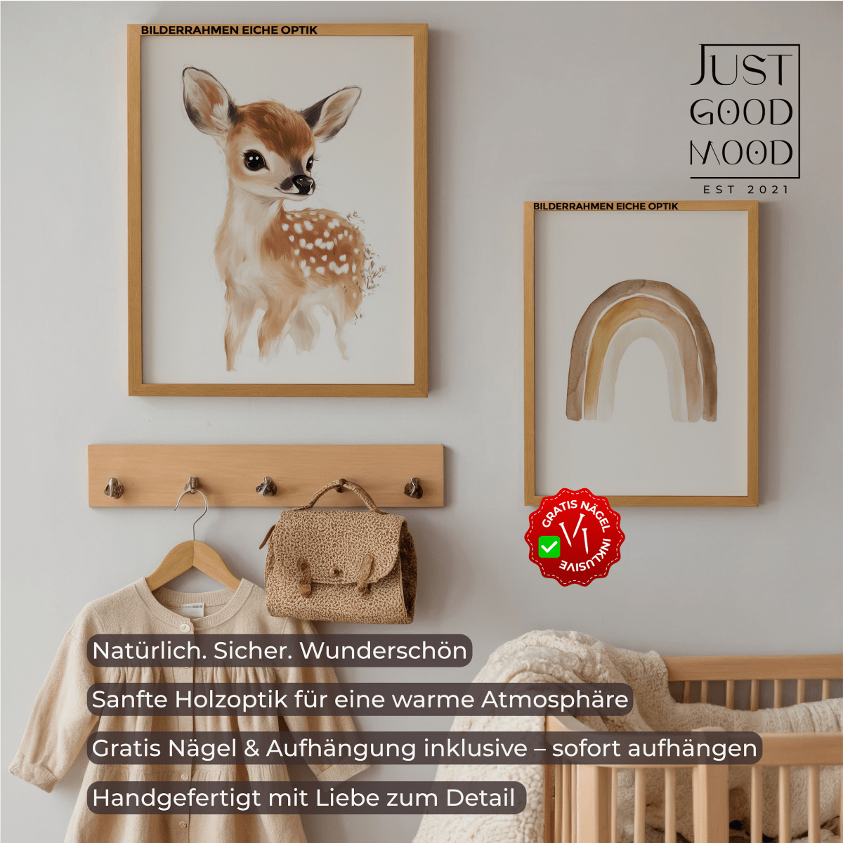 Bilderrahmen aus stabilem MDF - Holz mit Acrylglas – Weiß Schwarz Ahorn Eiche · mit gratis Nägeln - justgoodmood