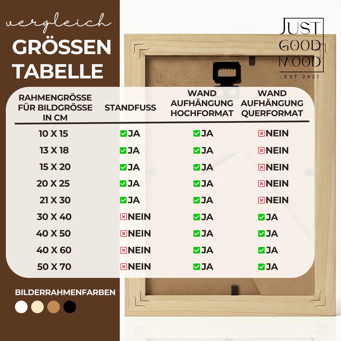 Bilderrahmen aus stabilem MDF - Holz mit Acrylglas – Weiß Schwarz Ahorn Eiche · mit gratis Nägeln - justgoodmood