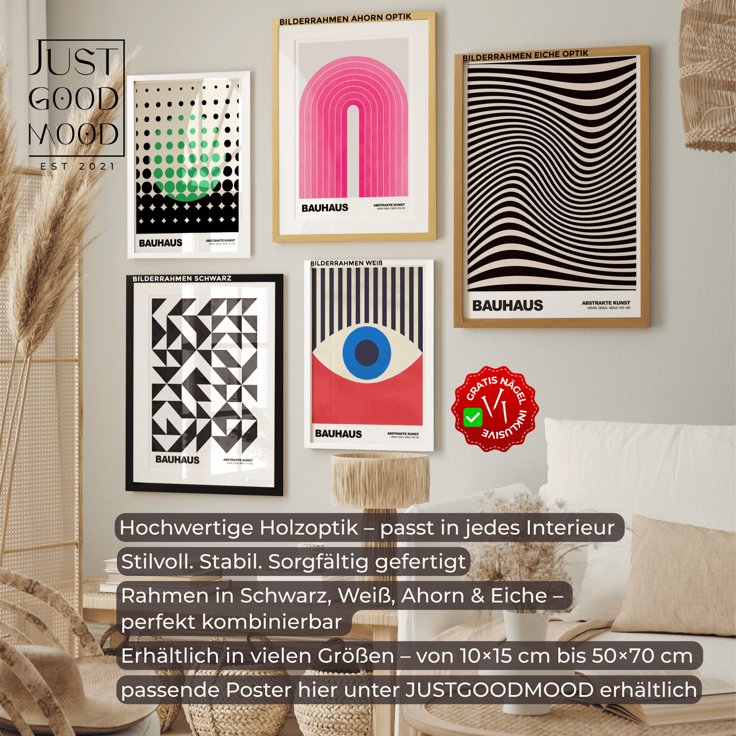 Bilderrahmen aus stabilem MDF - Holz mit Acrylglas – Weiß Schwarz Ahorn Eiche · mit gratis Nägeln - justgoodmood