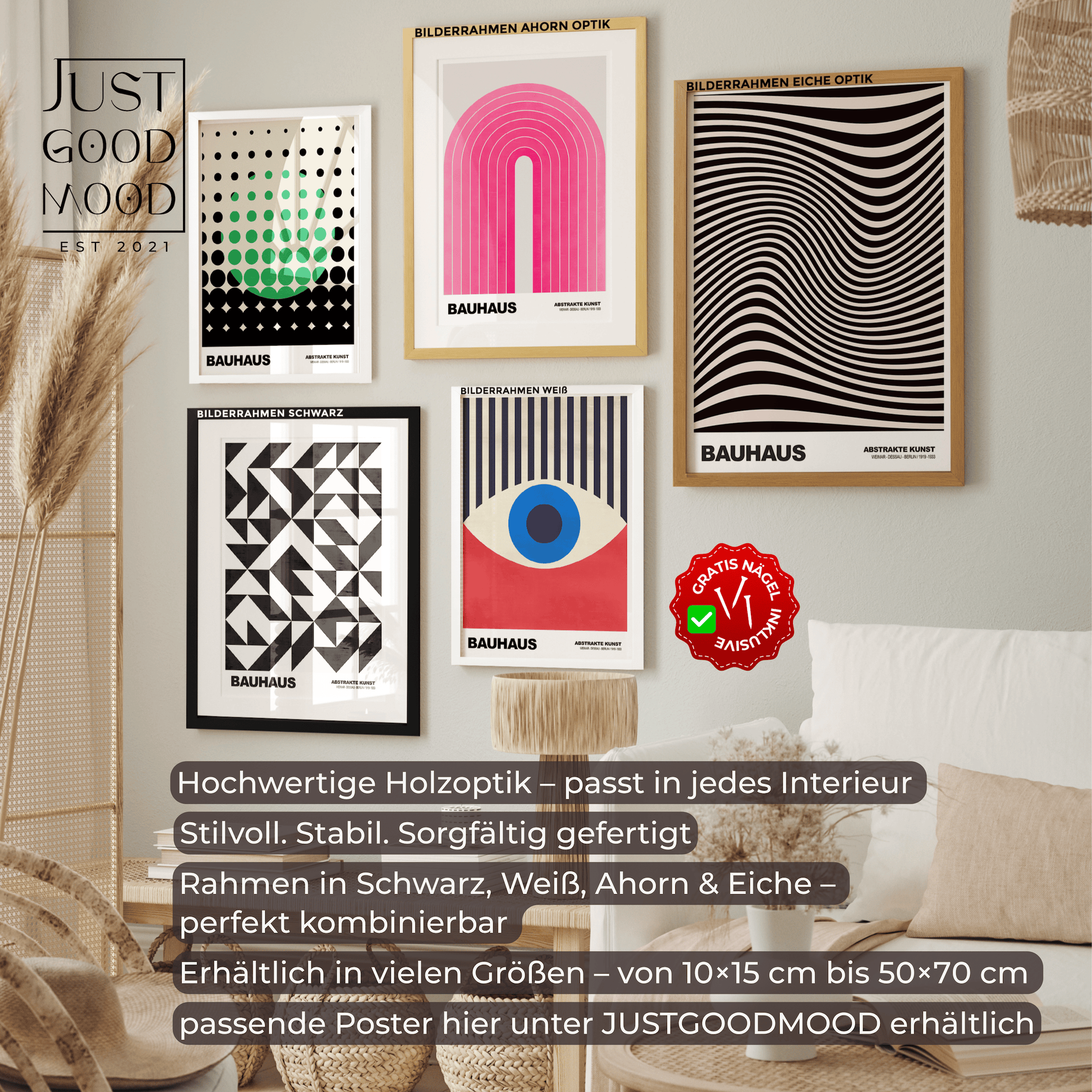 Bilderrahmen aus stabilem MDF - Holz mit Acrylglas – Weiß Schwarz Ahorn Eiche · mit gratis Nägeln - justgoodmood