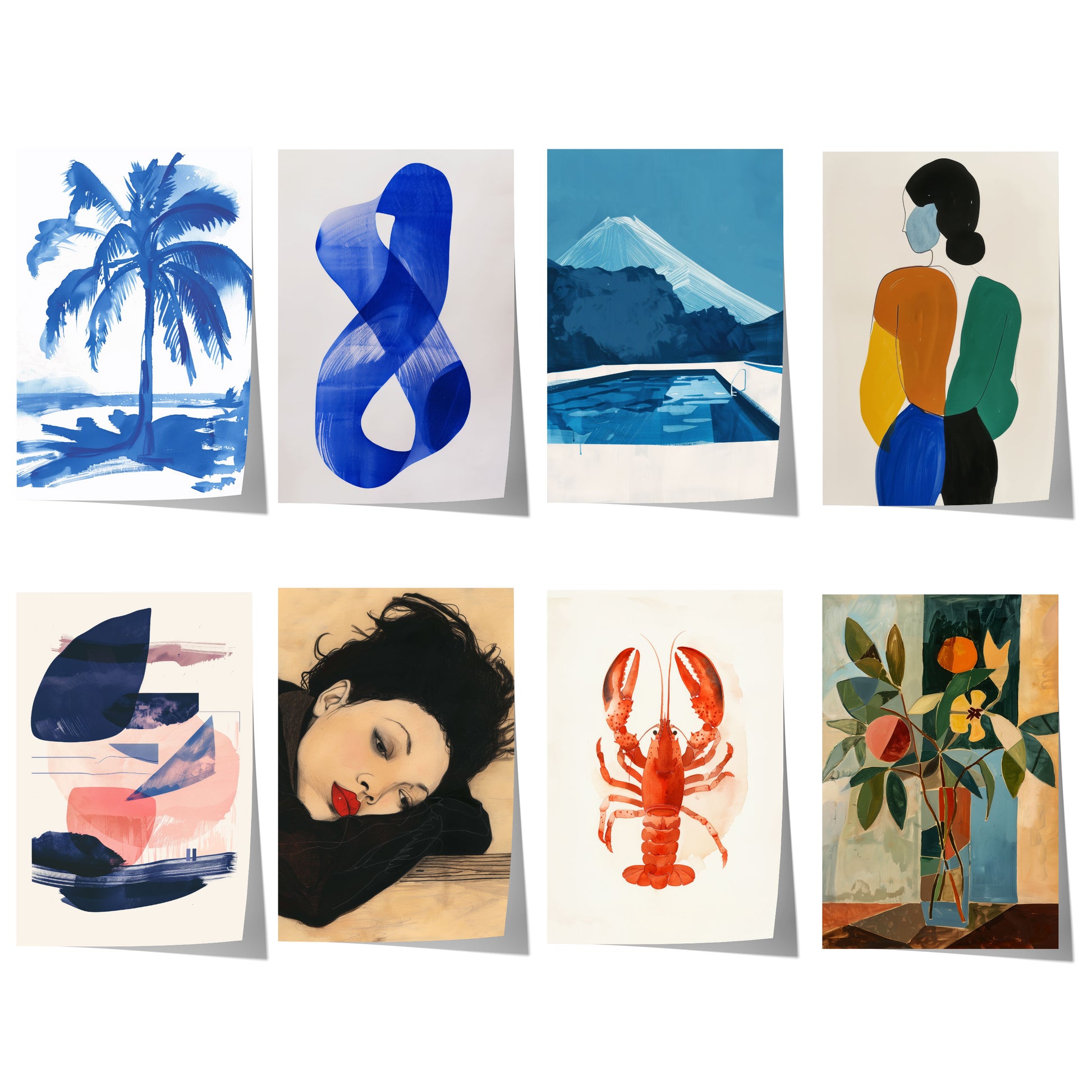 Modernes blaues Kunstposter mit Palmen, Berglandschaft, abstrakten Formen, stilisierten Frauen, Hummer und botanischer Illustration.