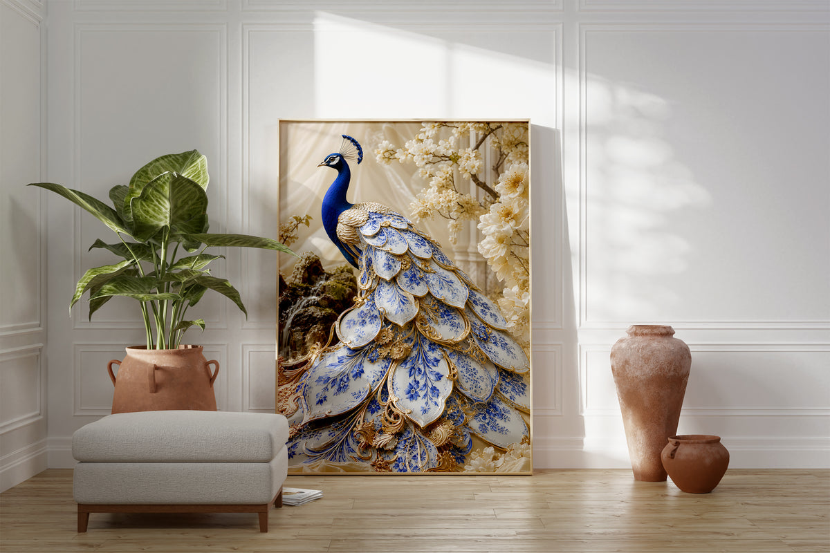 Motiv mit einem blauen Pfau mit weiß-blauen Schmuckfedern und goldenen Details, als gerahmtes Poster neben Sessel und Zimmerpflanze.