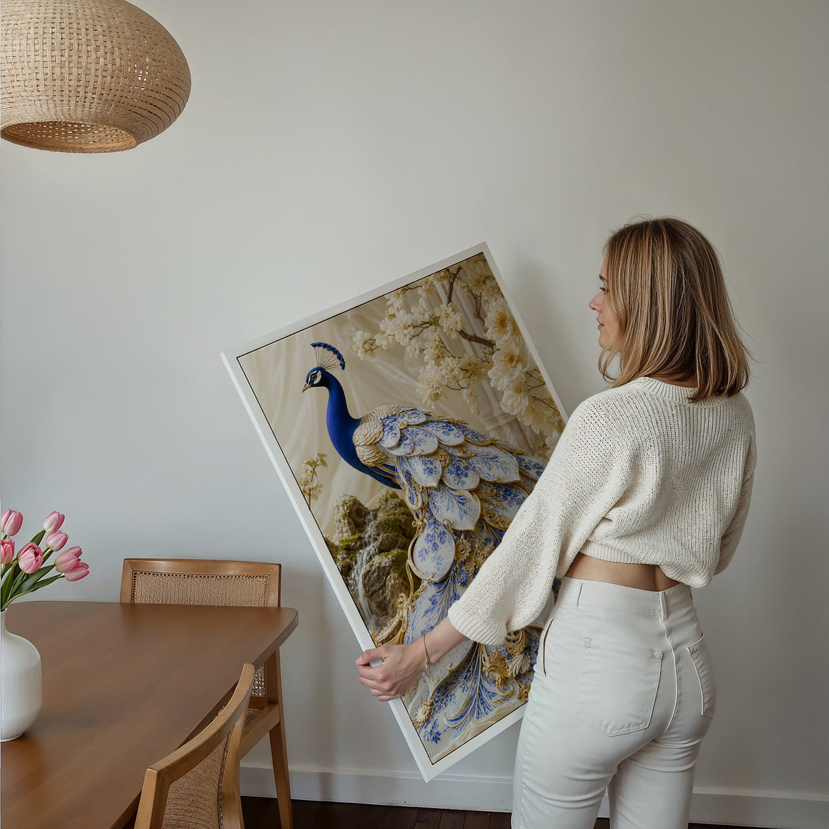 Motiv mit einem blauen Pfau mit weiß-blauen Schmuckfedern und goldenen Details, über einem Bett im hellen Schlafzimmer.