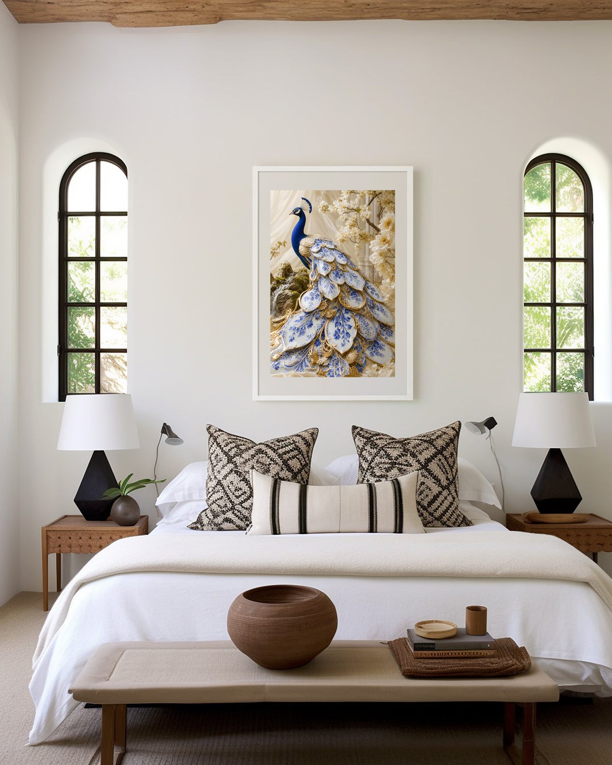 Motiv mit einem blauen Pfau mit weiß-blauen Schmuckfedern und goldenen Details, als gerahmtes Poster in den Händen einer Frau.