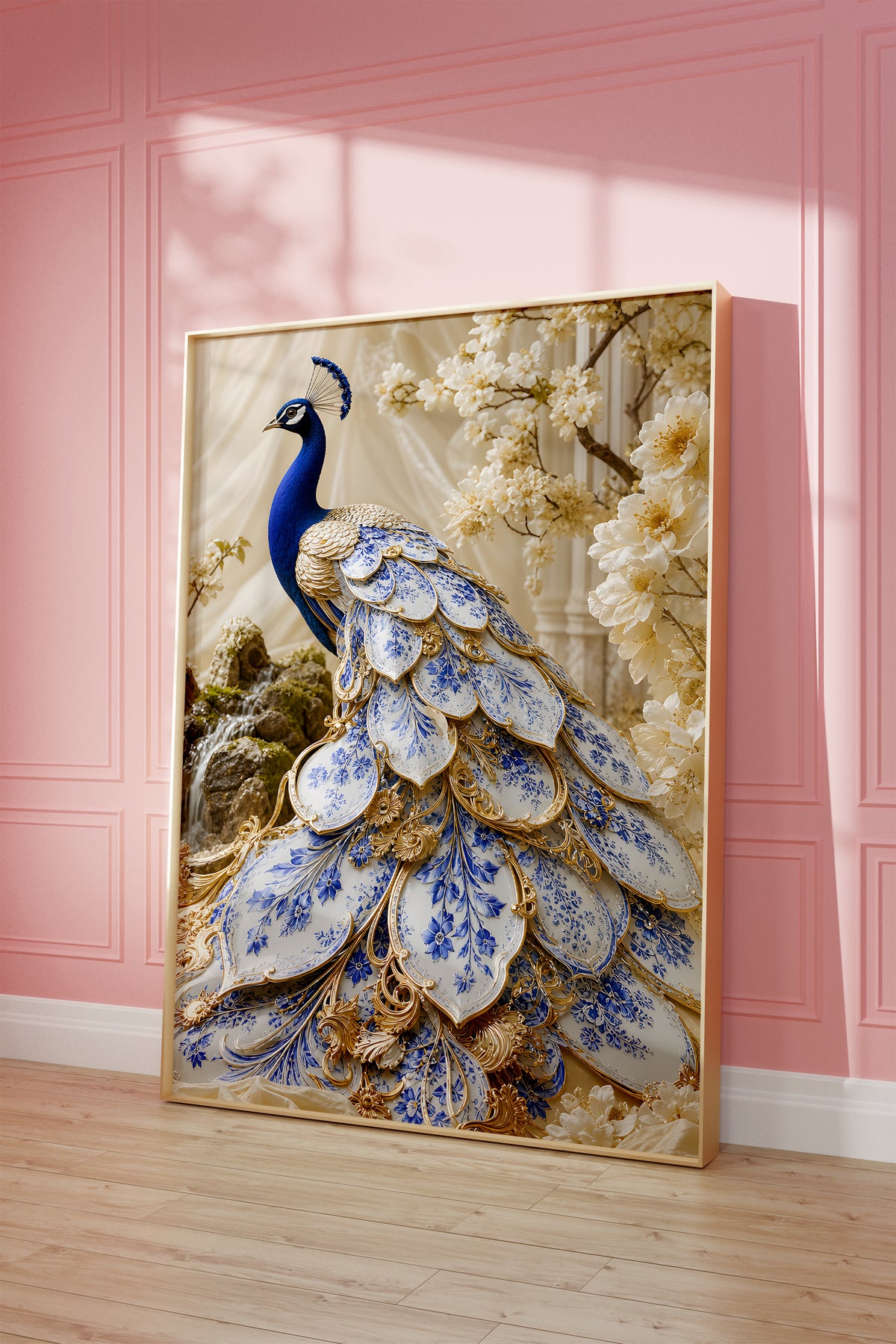 Motiv mit einem blauen Pfau mit weiß-blauen Schmuckfedern und goldenen Details, als gerahmtes Poster vor einer rosafarbenen Wand.