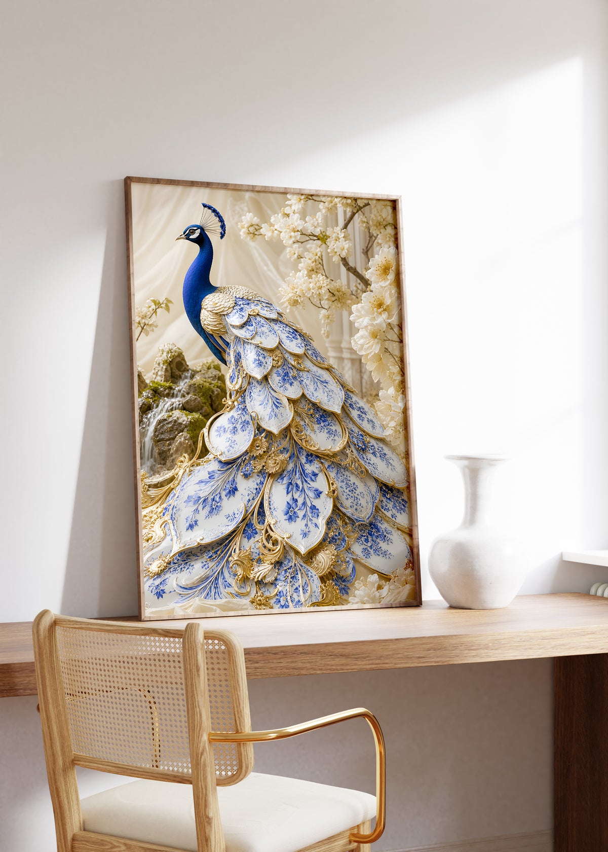 Gerahmtes Poster mit einem blauen Pfau mit weiß-blauen Schmuckfedern und goldenen Details, auf einem Holztisch neben einer weißen Vase.