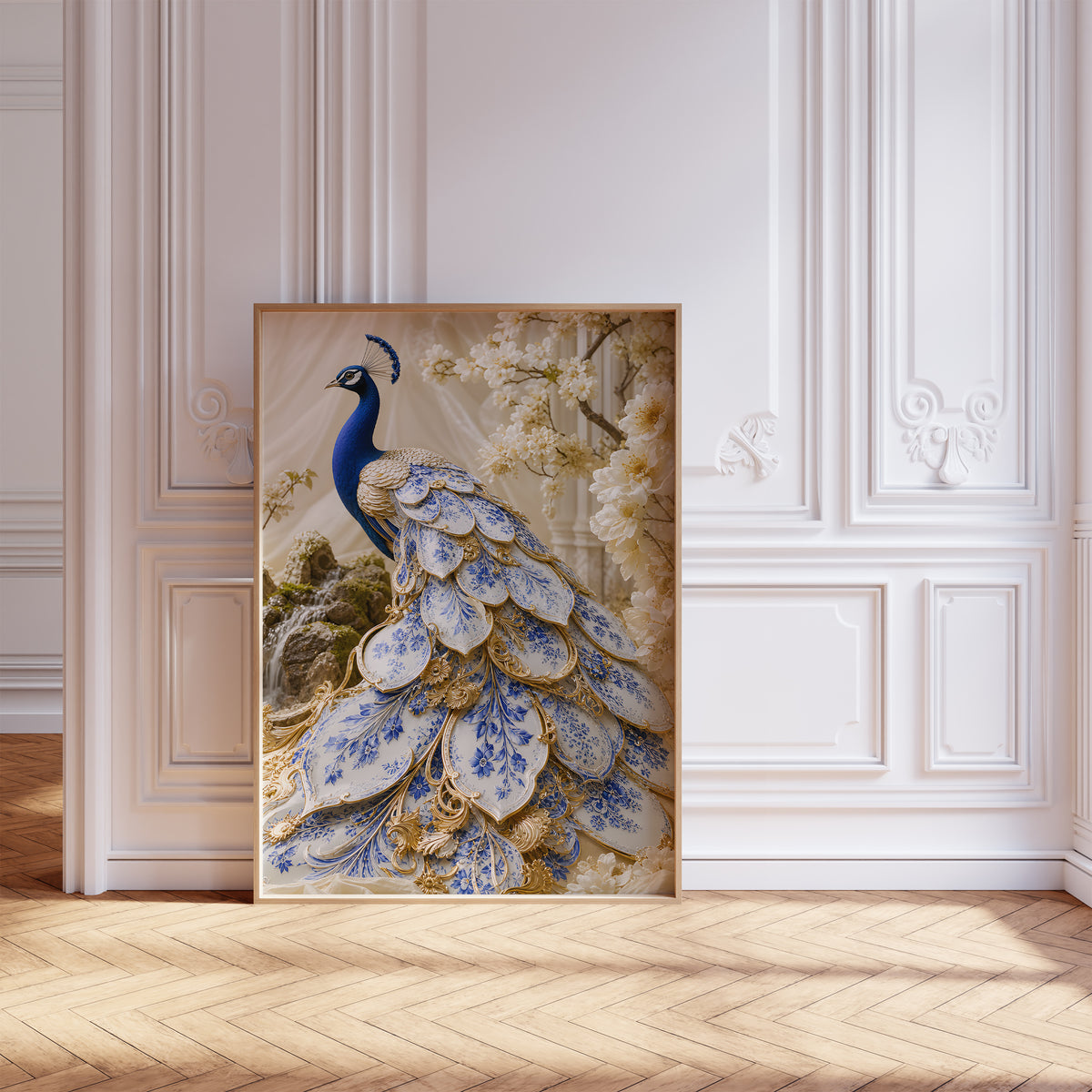 Gerahmtes Poster mit einem blauen Pfau mit weiß-blauen Schmuckfedern und goldenen Details, vor einer weißen Wand mit Zierleisten.