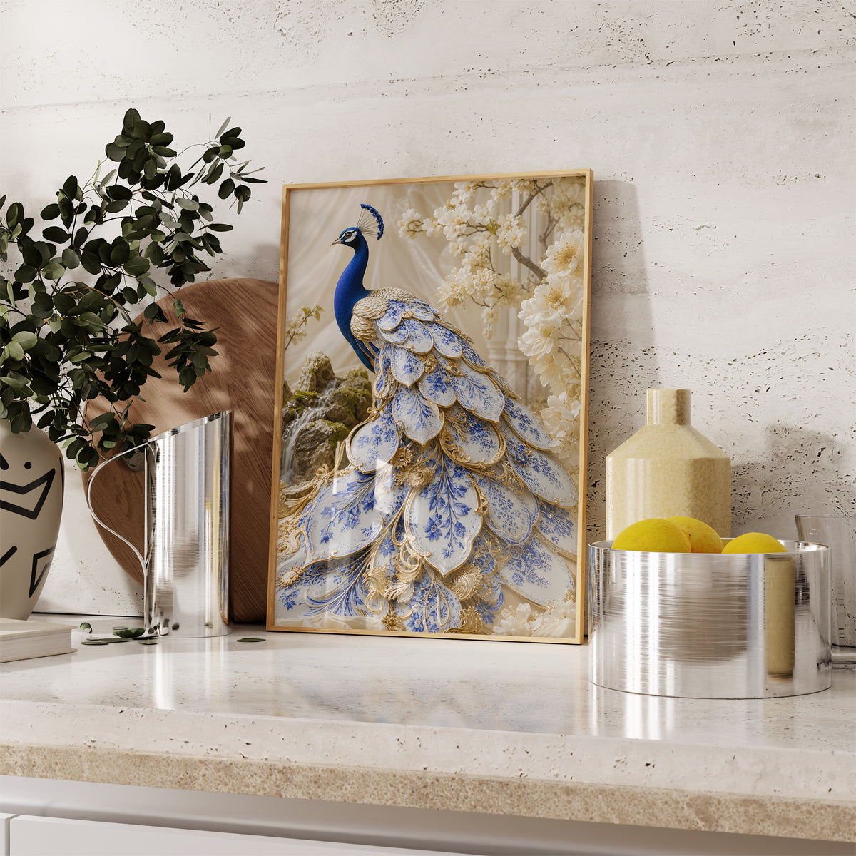 Gerahmtes Poster mit einem blauen Pfau mit weiß-blauen Schmuckfedern und goldenen Details, auf einer Küchenarbeitsplatte neben Pflanzen und Zitronen.